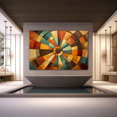 Cuadro vórtice cromático en espiral en formato horizontal con colores marrón, naranja, beige; decorando pared de spa