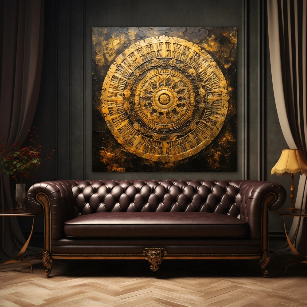 Wall Art titled: Fractal of Consciousness in a Square format with: Golden, and Brown Colors; Decoration the Above Couch wall