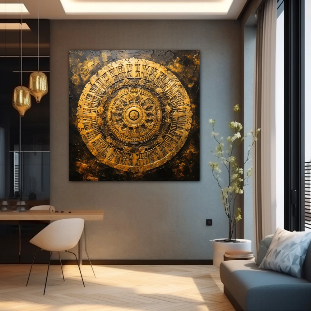 Wall Art titled: Fractal of Consciousness in a Square format with: Golden, and Brown Colors; Decoration the Grey Walls wall