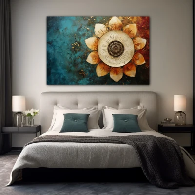 Wall Art titled: Spiritual Rebirth in a  format with: Sky blue, Golden, and Brown Colors; Decoration the Bedroom wall