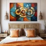 Wall Art titled: Internal Circular Dialogue in a Horizontal format with: Blue, Orange, and Vivid Colors; Decoration the Bedroom wall