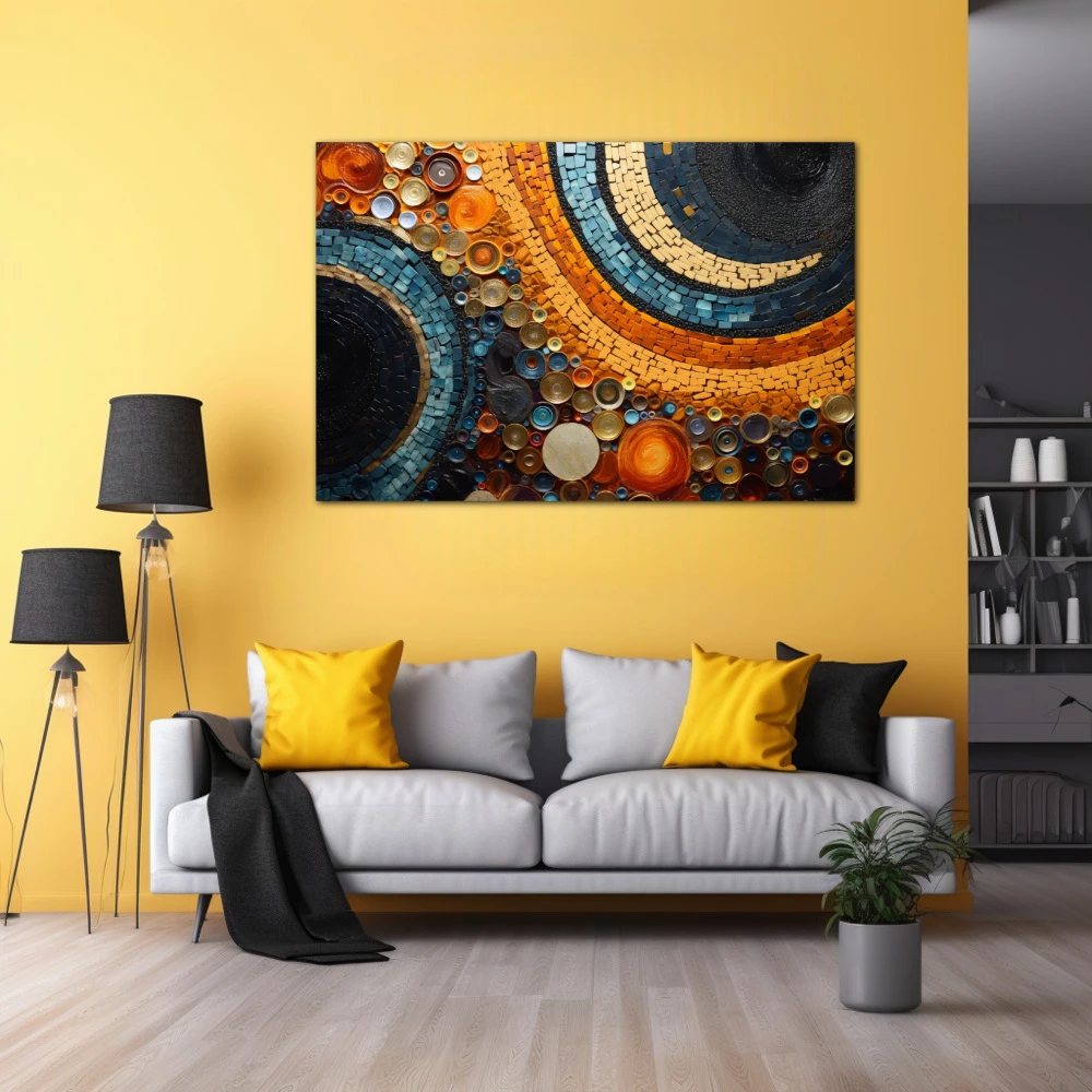 Cuadro ecos de abstracción en formato horizontal con colores azul, naranja; decorando pared amarilla