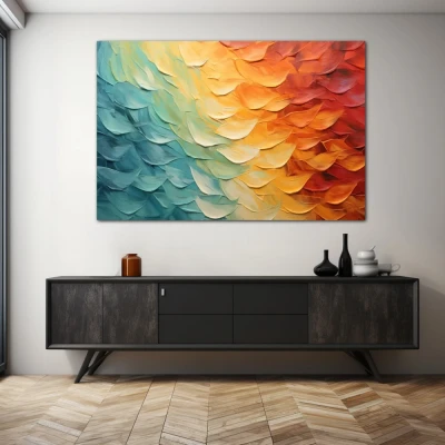 Wall Art titled: Sky in Transition in a  format with: Yellow, Sky blue, and Orange Colors; Decoration the Sideboard wall