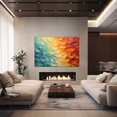 Wall Art titled: Sky in Transition in a  format with: Yellow, Sky blue, and Orange Colors; Decoration the Fireplace wall