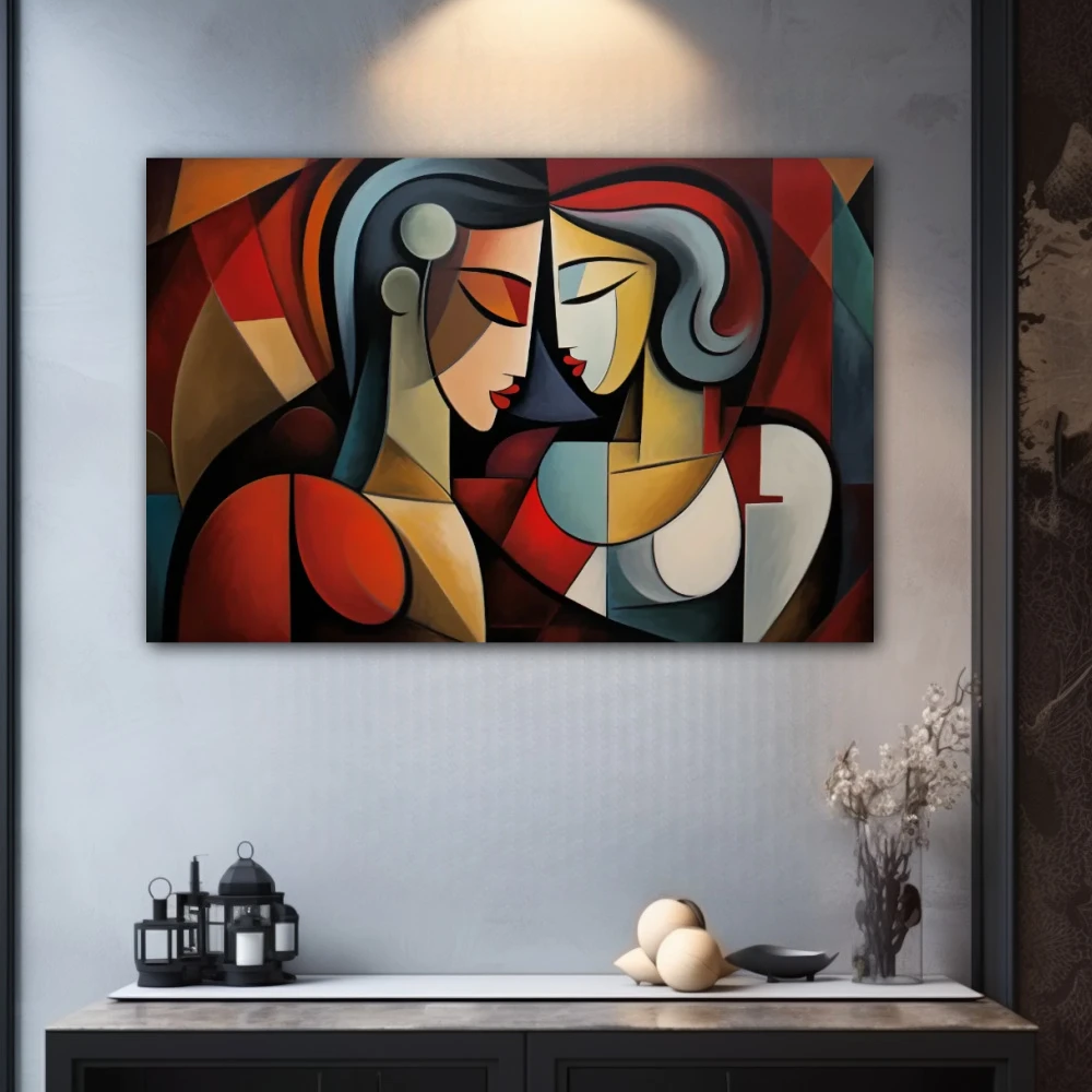 Cuadro susurros geométricos en formato horizontal con colores gris, marrón, rojo; decorando pared gris