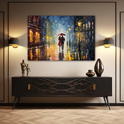 Wall Art titled: Love Under a Rainy Sky in a  format with: Blue, Grey, and Brown Colors; Decoration the Sideboard wall