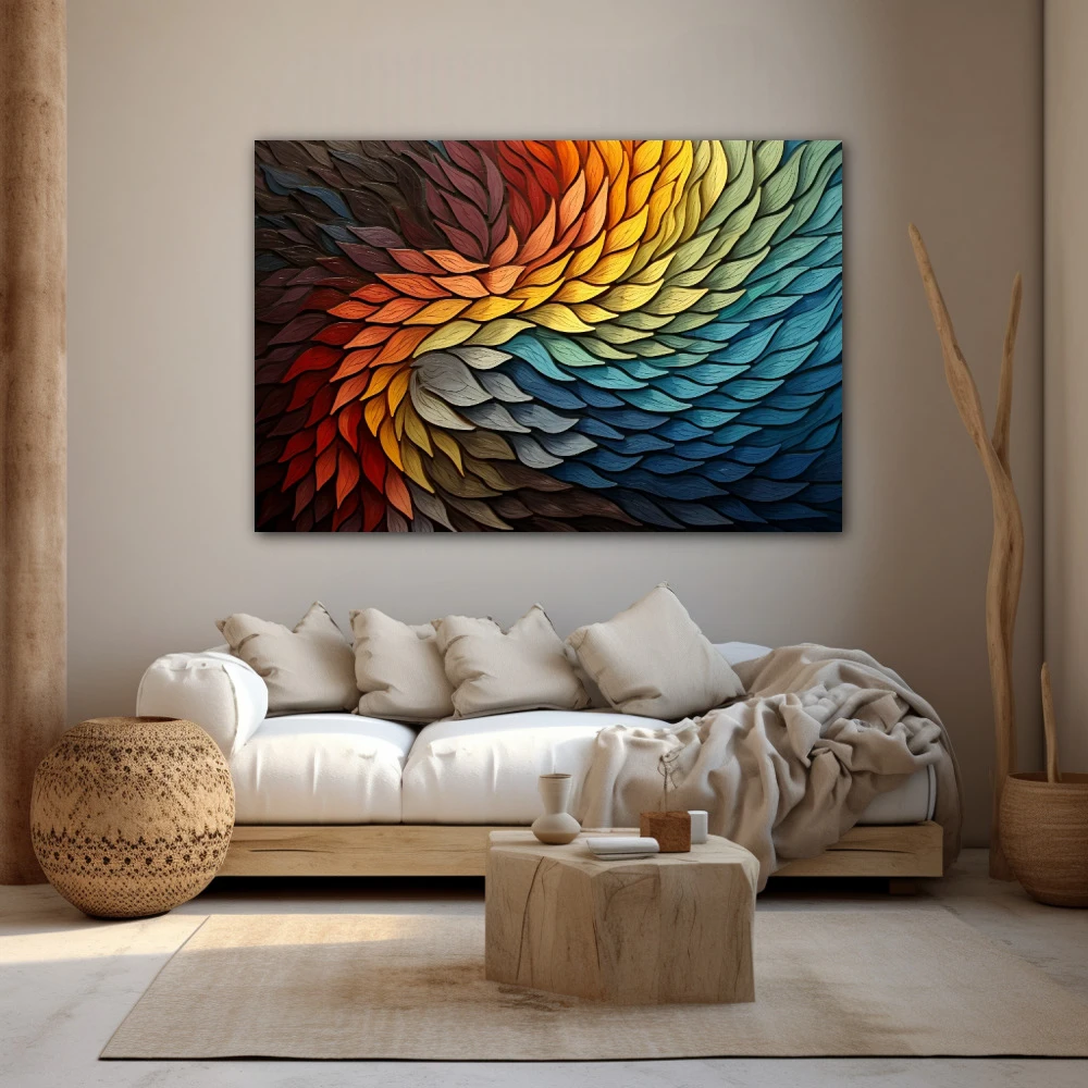Cuadro mil hojas en formato horizontal con colores amarillo, azul, vivos; decorando pared beige