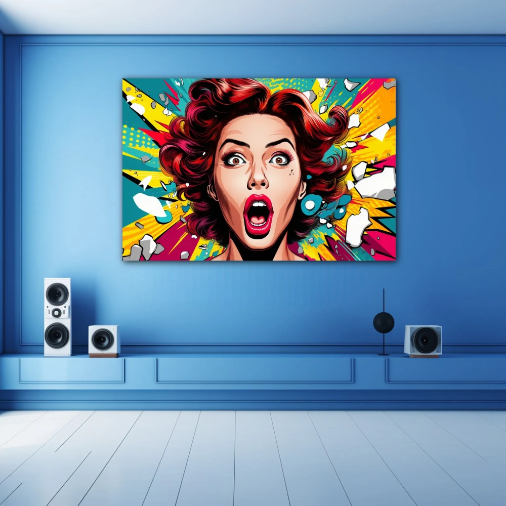 Cuadro grito pop en formato horizontal con colores amarillo, rojo, verde, vivos; decorando pared azul