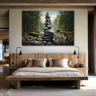 Wall Art titled: Serenity Tower in a Horizontal format with: Grey, and Green Colors; Decoration the Bedroom wall