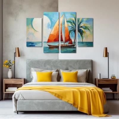 Wall Art titled: Orange Sail, Blue Sea in a Horizontal format with: Blue, Sky blue, and Orange Colors; Decoration the Bedroom wall