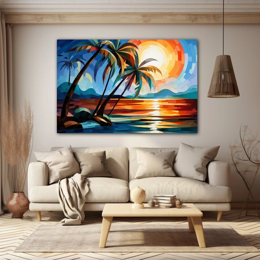 Wall Art titled: Chromatic Oasis in a Horizontal format with: Blue, Brown, and Orange Colors; Decoration the Beige Wall wall