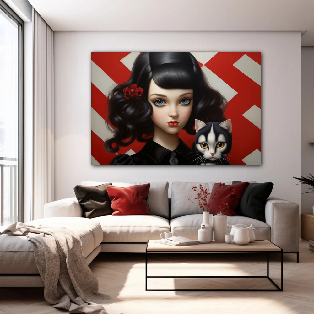 Cuadro la dama y el felino en formato horizontal con colores gris, negro, rojo; decorando pared blanca