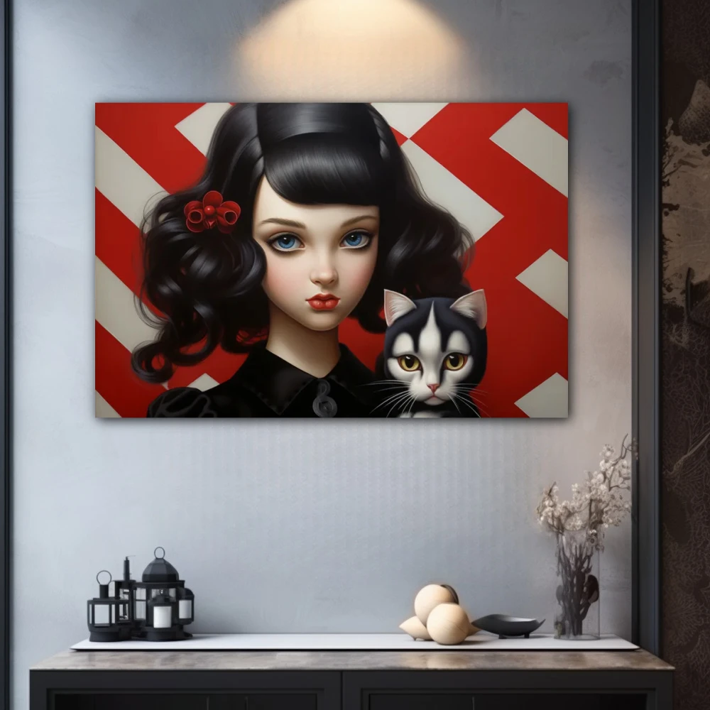 Cuadro la dama y el felino en formato horizontal con colores gris, negro, rojo; decorando pared gris