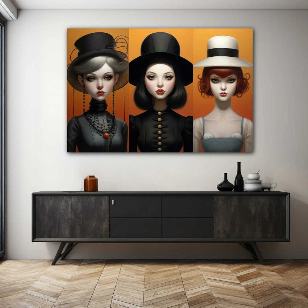 Wall Art titled: Identity Hats in a Horizontal format with: Grey, and Black Colors; Decoration the Sideboard wall