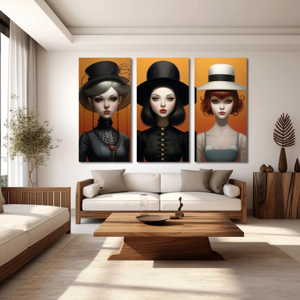 Wall Art titled: Identity Hats in a Horizontal format with: Grey, and Black Colors; Decoration the White Wall wall