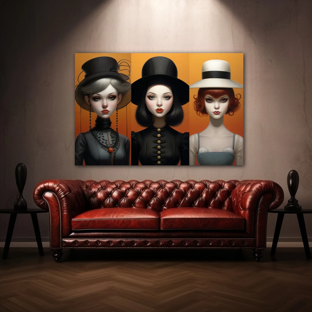 Wall Art titled: Identity Hats in a Horizontal format with: Grey, and Black Colors; Decoration the Above Couch wall