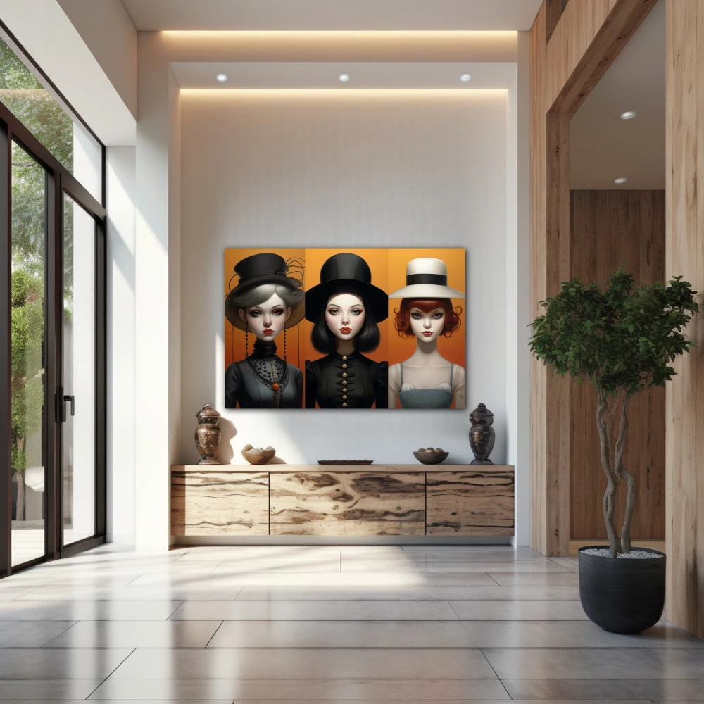 Wall Art titled: Identity Hats in a Horizontal format with: Grey, and Black Colors; Decoration the Entryway wall