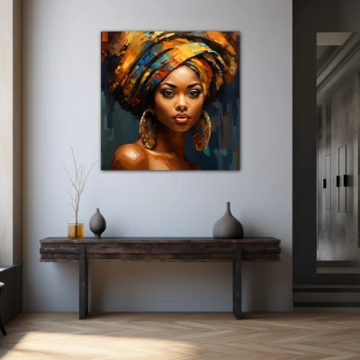 Cuadro mirada del sahara en formato cuadrado con colores azul, marrón, mostaza; decorando pared gris