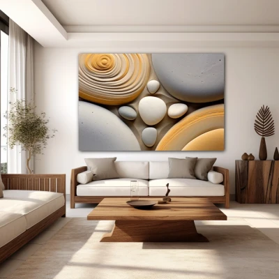 Cuadro Sinfonía mineral en formato horizontal con colores Amarillo, Blanco, Gris; Decorando Pared blanca