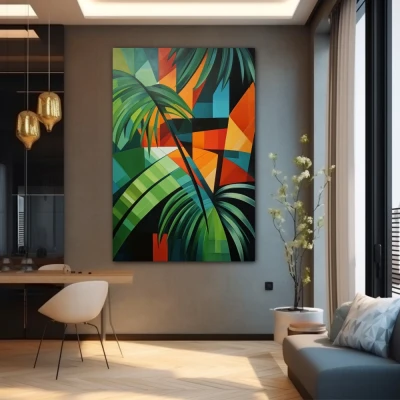 Cuadro polígonos del paraíso en formato vertical con colores naranja, verde, vivos; decorando pared gris