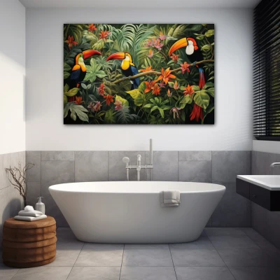 Wall Art titled: Silhouettes of Eden in a Horizontal format with: Orange, Green, and Vivid Colors; Decoration the Bathroom wall