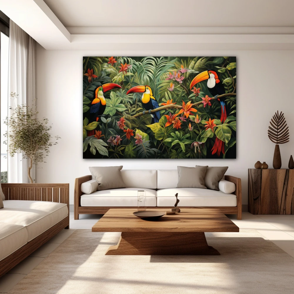 Cuadro siluetas del edén en formato horizontal con colores naranja, verde, vivos; decorando pared blanca