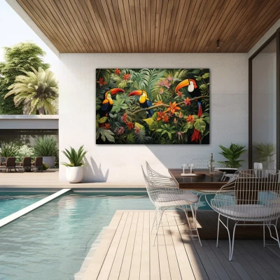 Wall Art titled: Silhouettes of Eden in a Horizontal format with: Orange, Green, and Vivid Colors; Decoration the Outdoor wall