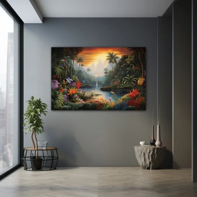 Cuadro frágil majestuosidad en formato horizontal con colores naranja, verde, vivos; decorando pared gris