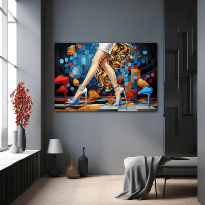 Cuadro paso geométrico firme en formato horizontal con colores azul, naranja, vivos; decorando pared gris