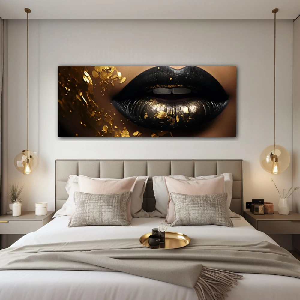 Cuadro besos de magma en formato apaisado con colores dorado, marrón, negro; decorando pared de habitación dormitorio