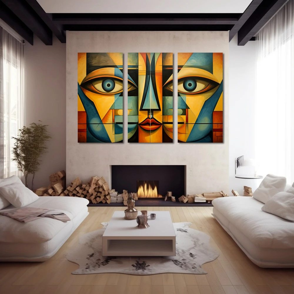 Wall Art titled: Echoes of a Psyche in a Horizontal format with: Yellow, and Blue Colors; Decoration the Fireplace wall