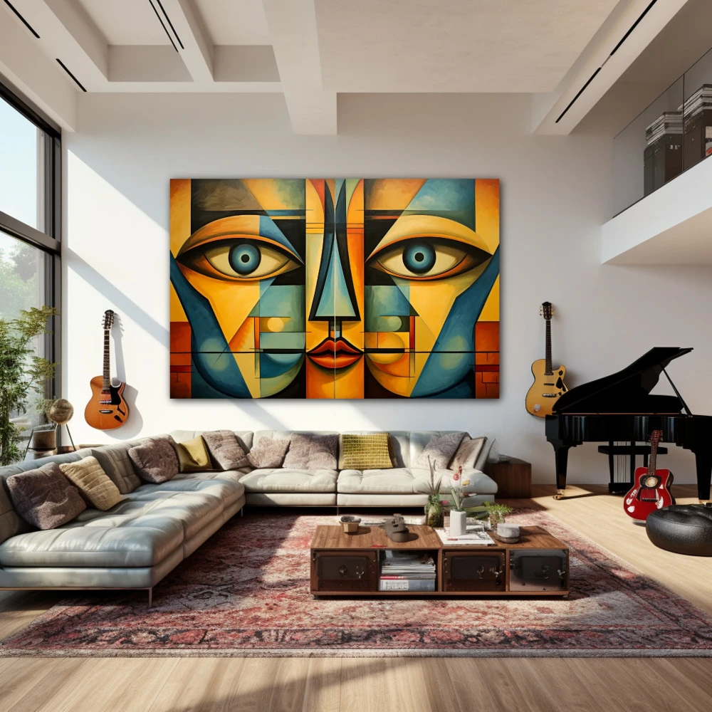 Wall Art titled: Echoes of a Psyche in a Horizontal format with: Yellow, and Blue Colors; Decoration the Living Room wall