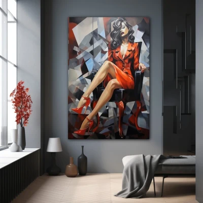 Cuadro fragmentos de pasión en formato vertical con colores gris, naranja; decorando pared gris