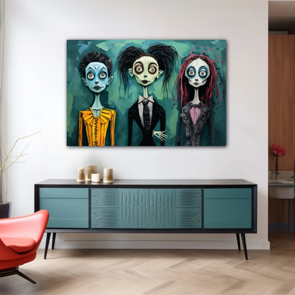 Cuadro la galería de la excentricidad en formato horizontal con colores amarillo, negro, verde; decorando pared de aparador