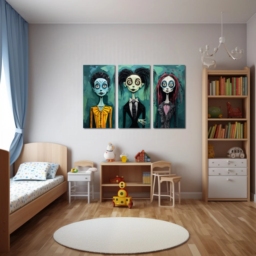 Cuadro la galería de la excentricidad en formato tríptico con colores amarillo, negro, verde; decorando pared de dormitorio infantil