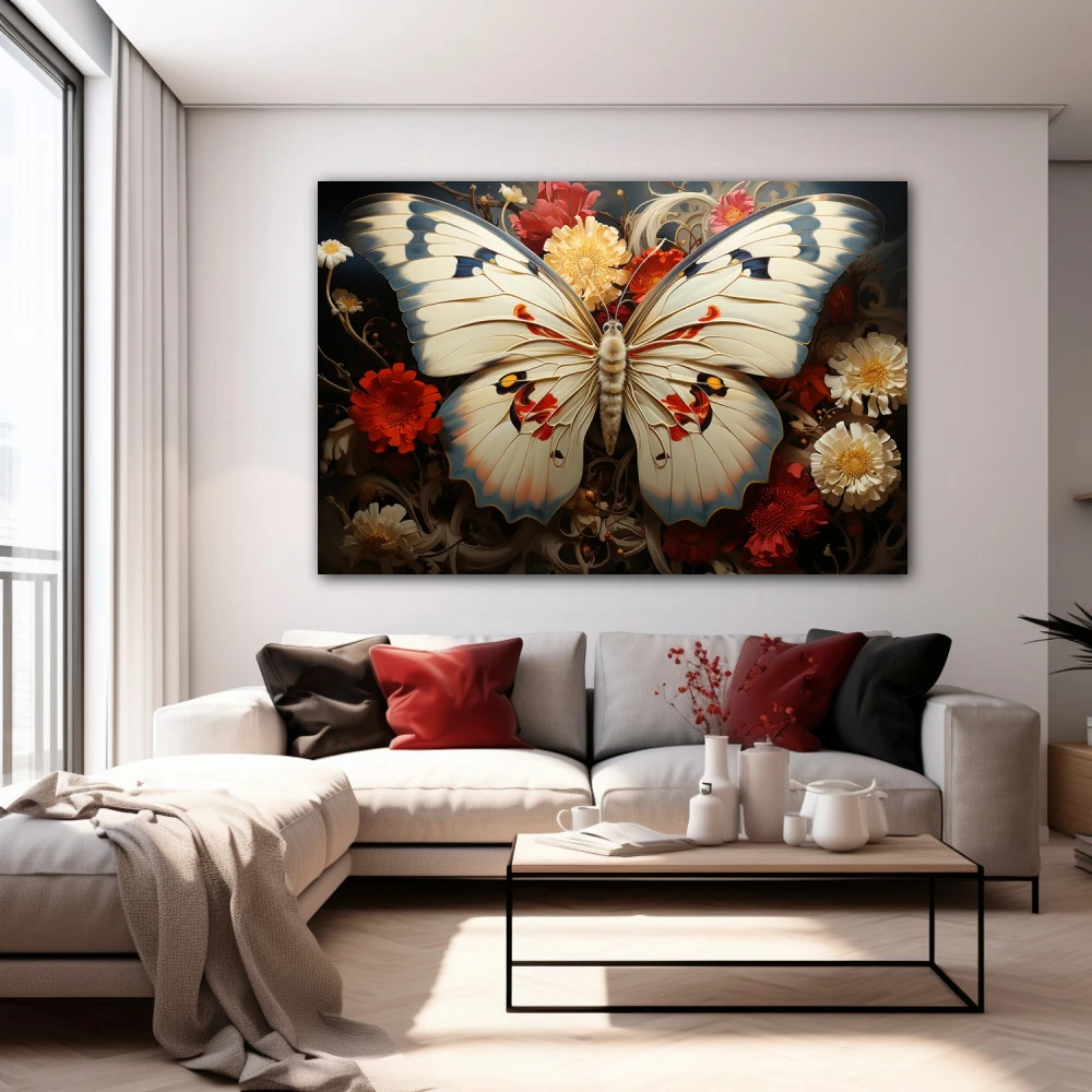 Wall Art titled: Albino Metamorphosis in a Horizontal format with: white, and Red Colors; Decoration the White Wall wall