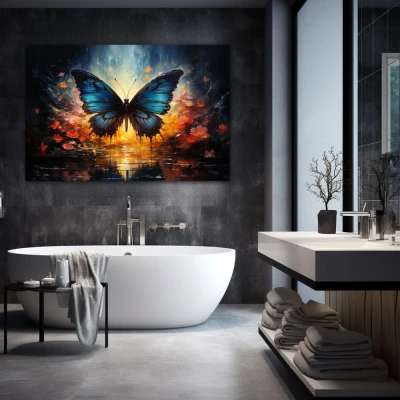 Wall Art titled: Twilight of Icarus in a  format with: Blue, Pink, and Navy Blue Colors; Decoration the Bathroom wall