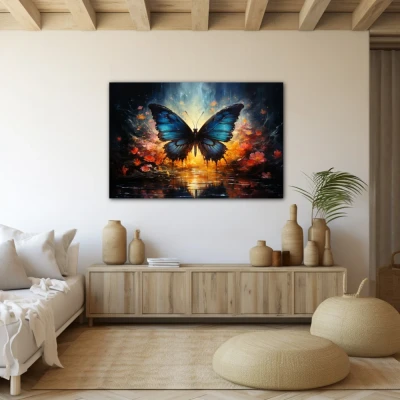 Wall Art titled: Twilight of Icarus in a Horizontal format with: Blue, Pink, and Navy Blue Colors; Decoration the Beige Wall wall