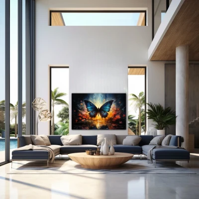 Wall Art titled: Twilight of Icarus in a Horizontal format with: Blue, Pink, and Navy Blue Colors; Decoration the Above Couch wall