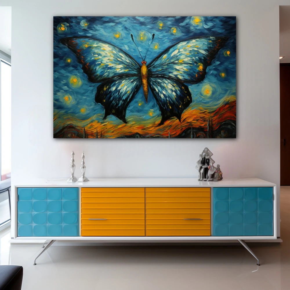 Wall Art titled: Twilight of Dancing Wings in a Horizontal format with: Yellow, Blue, and Navy Blue Colors; Decoration the Sideboard wall