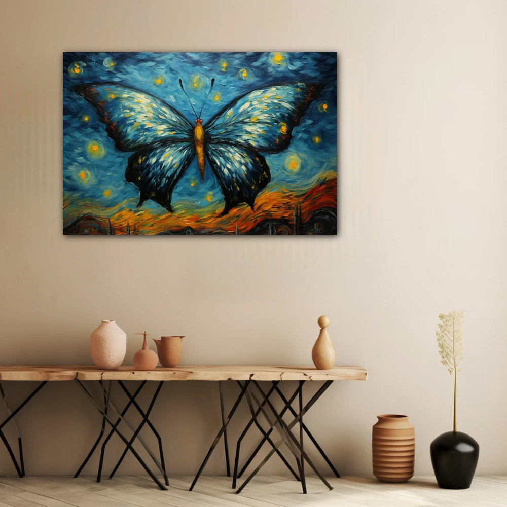 Wall Art titled: Twilight of Dancing Wings in a Horizontal format with: Yellow, Blue, and Navy Blue Colors; Decoration the Beige Wall wall