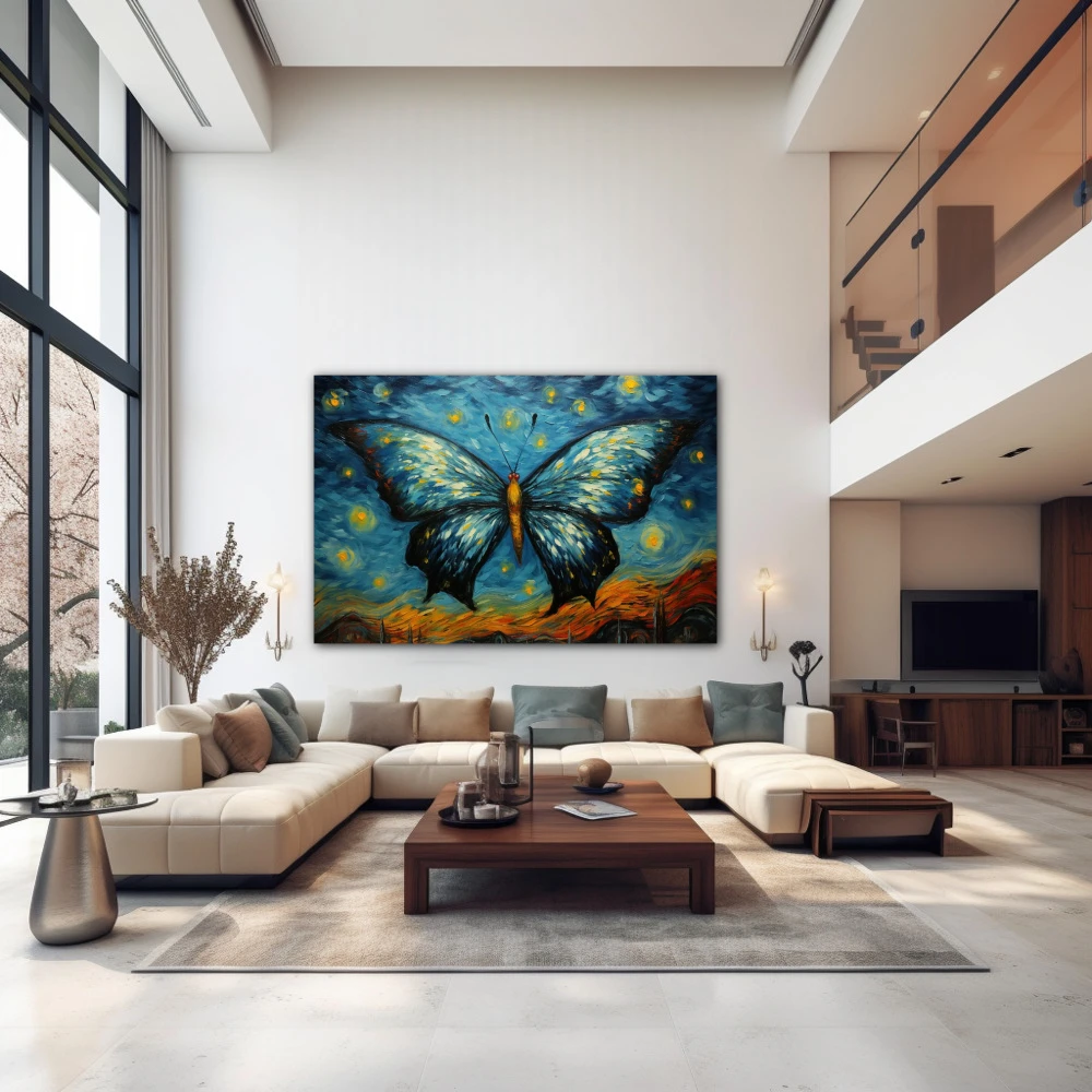 Wall Art titled: Twilight of Dancing Wings in a Horizontal format with: Yellow, Blue, and Navy Blue Colors; Decoration the Above Couch wall