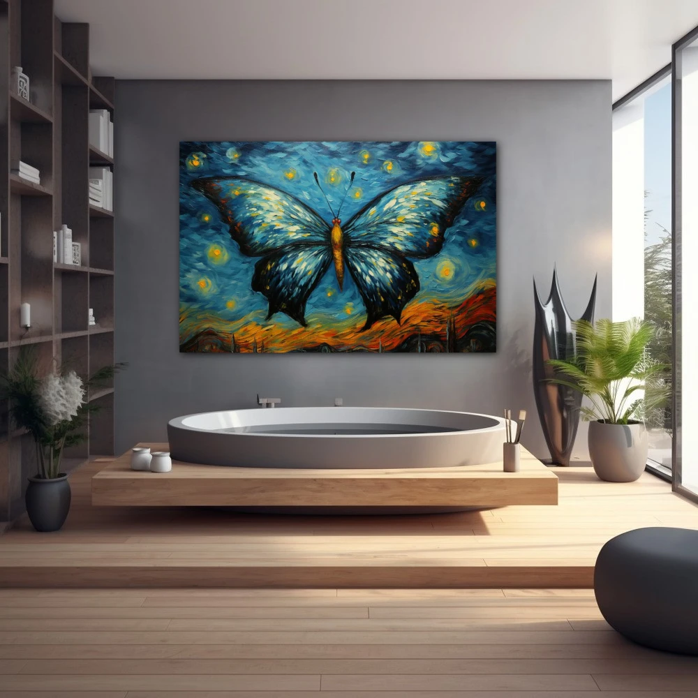 Wall Art titled: Twilight of Dancing Wings in a Horizontal format with: Yellow, Blue, and Navy Blue Colors; Decoration the Wellbeing wall