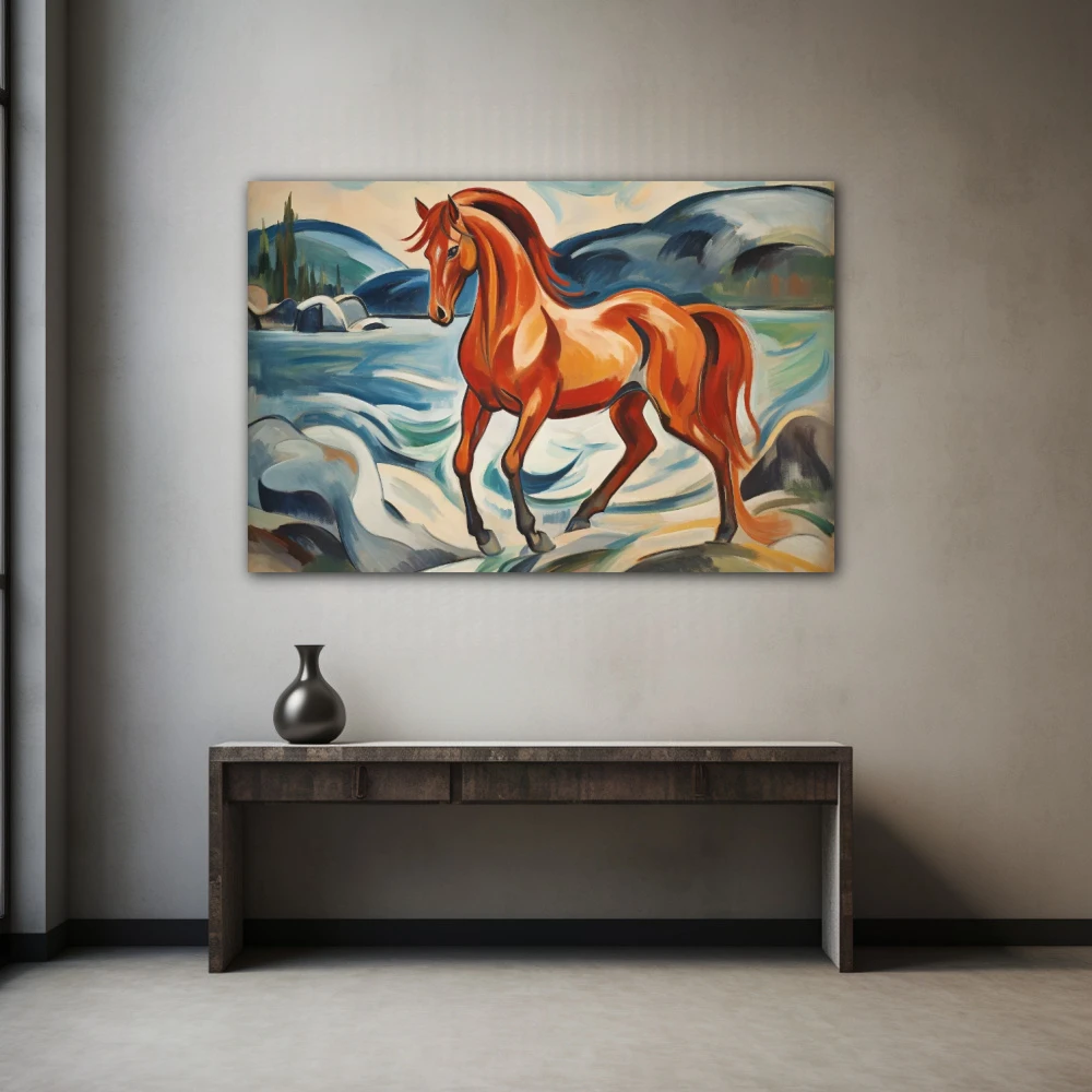 Cuadro paso firme en formato horizontal con colores azul, gris, marrón; decorando pared gris