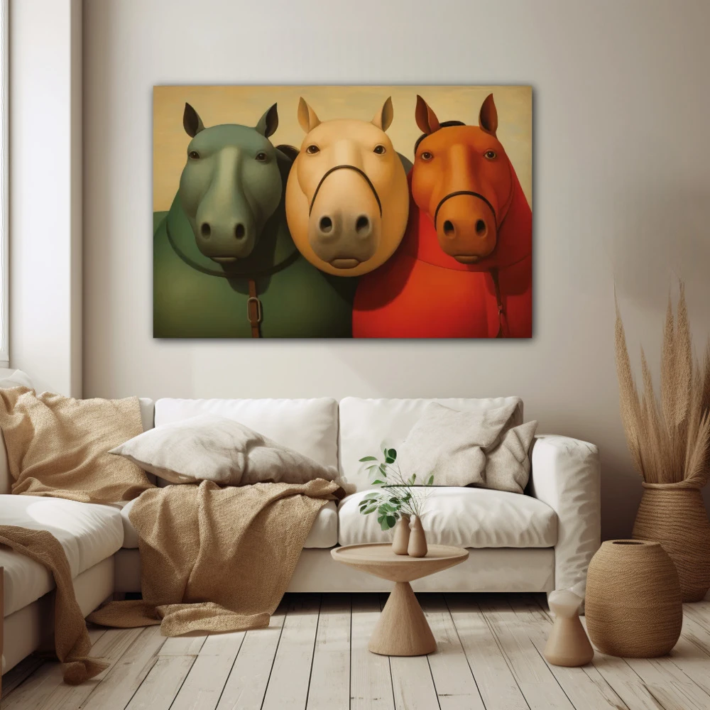 Cuadro confesiones equinas en formato horizontal con colores rojo, verde, beige; decorando pared beige