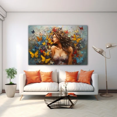 Cuadro love is in the air en formato horizontal con colores azul, mostaza, rojo; decorando pared blanca