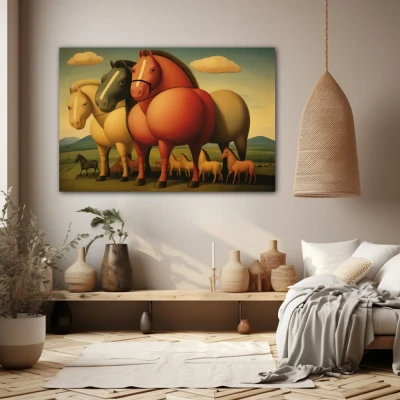Cuadro fantasías equinas en formato horizontal con colores naranja, verde, beige; decorando pared beige
