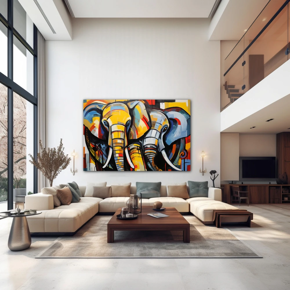 Wall Art titled: Guardians of the Fortress in a Horizontal format with: Yellow, and Grey Colors; Decoration the Above Couch wall