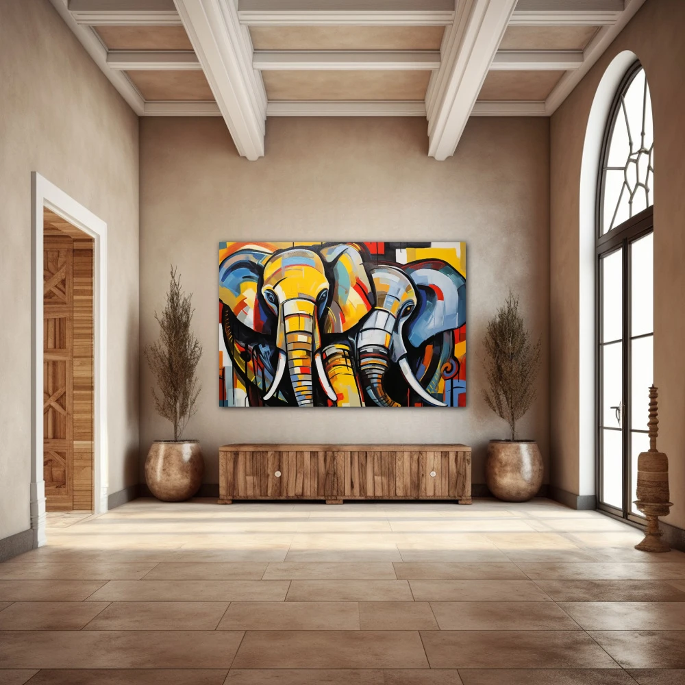 Wall Art titled: Guardians of the Fortress in a Horizontal format with: Yellow, and Grey Colors; Decoration the Entryway wall