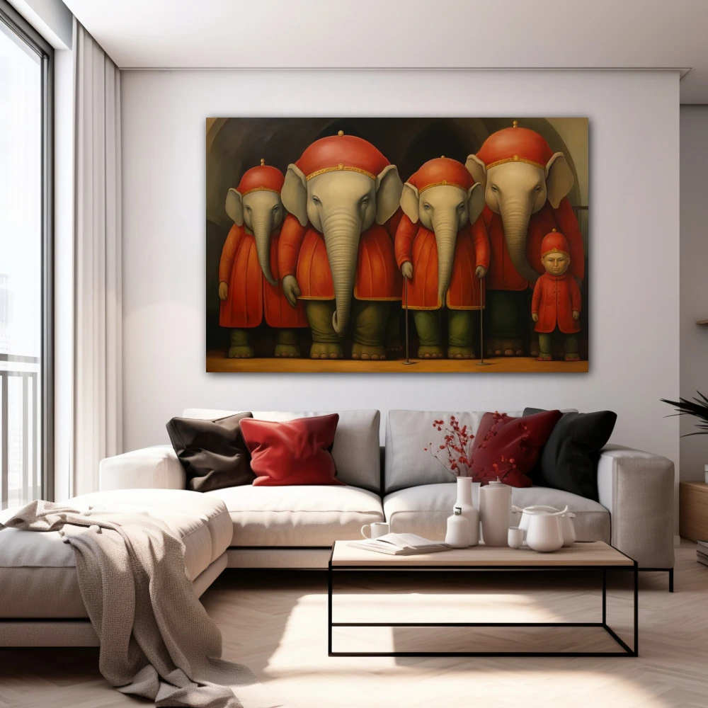 Wall Art titled: Memory of Silent Trunks in a Horizontal format with: Grey, Red, and Green Colors; Decoration the White Wall wall